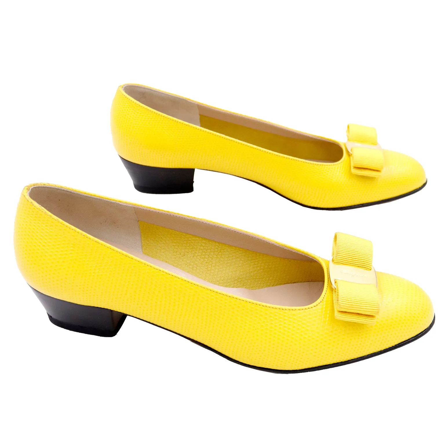 1980s Salvatore Ferragamo Yellow Snakeskin Embossed Leather Bow Shoes