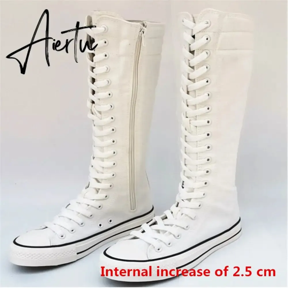 Aiertu  new fashion 3Colors women's canvas boots lace zipper knee high boots boots flat shoes casual high help punk shoes girls