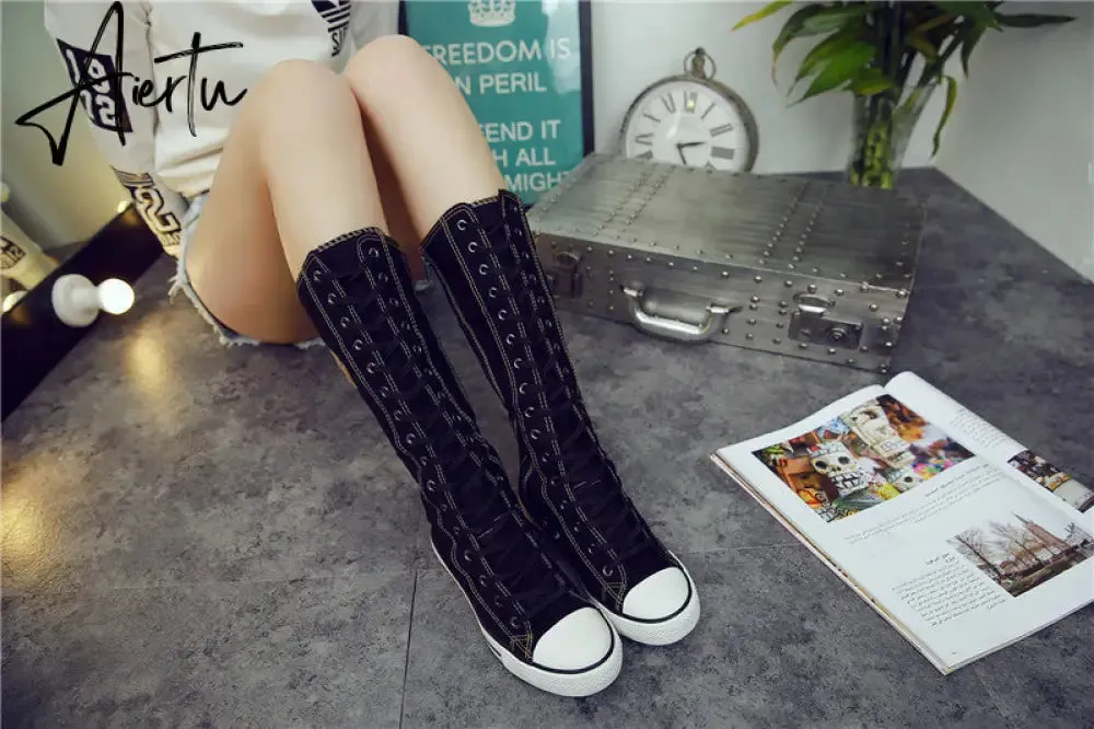 Aiertu  new fashion 3Colors women's canvas boots lace zipper knee high boots boots flat shoes casual high help punk shoes girls