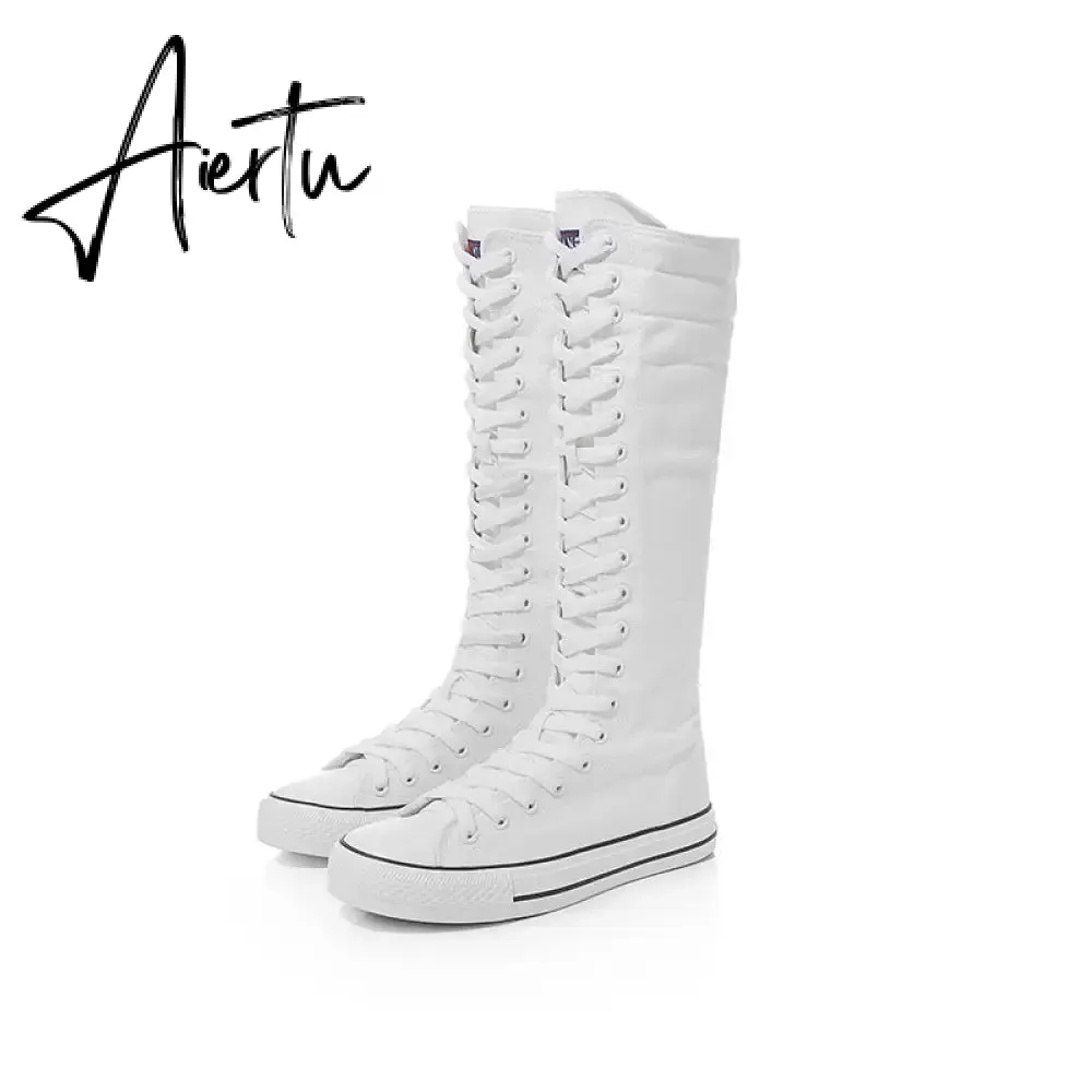 Aiertu  new fashion 3Colors women's canvas boots lace zipper knee high boots boots flat shoes casual high help punk shoes girls