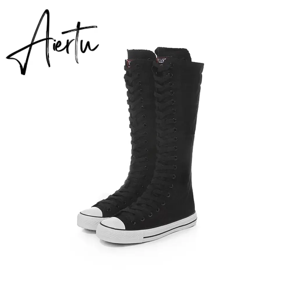 Aiertu  new fashion 3Colors women's canvas boots lace zipper knee high boots boots flat shoes casual high help punk shoes girls