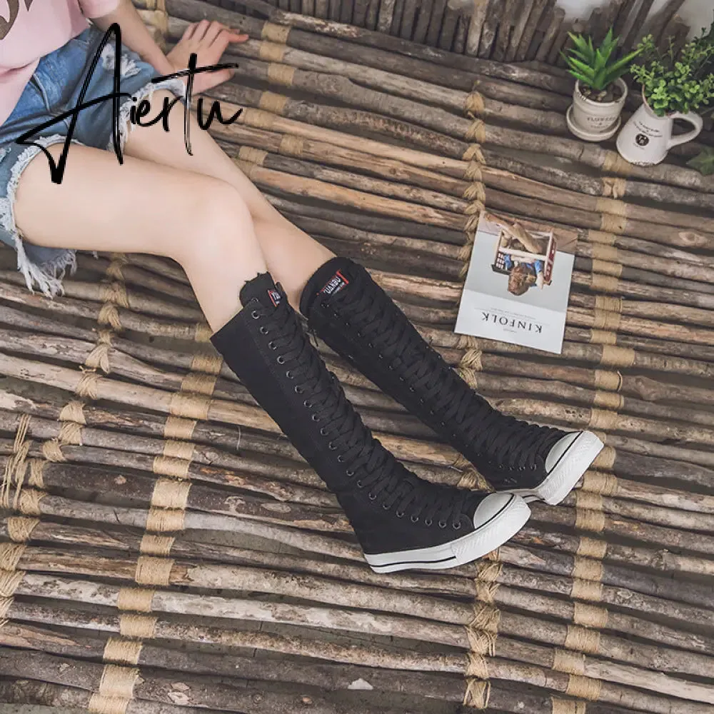 Aiertu  new fashion 3Colors women's canvas boots lace zipper knee high boots boots flat shoes casual high help punk shoes girls