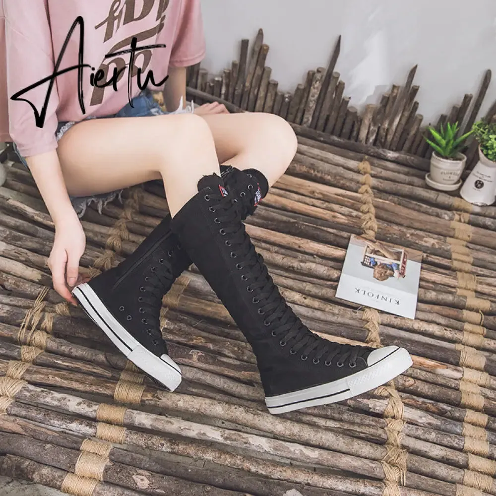 Aiertu  new fashion 3Colors women's canvas boots lace zipper knee high boots boots flat shoes casual high help punk shoes girls