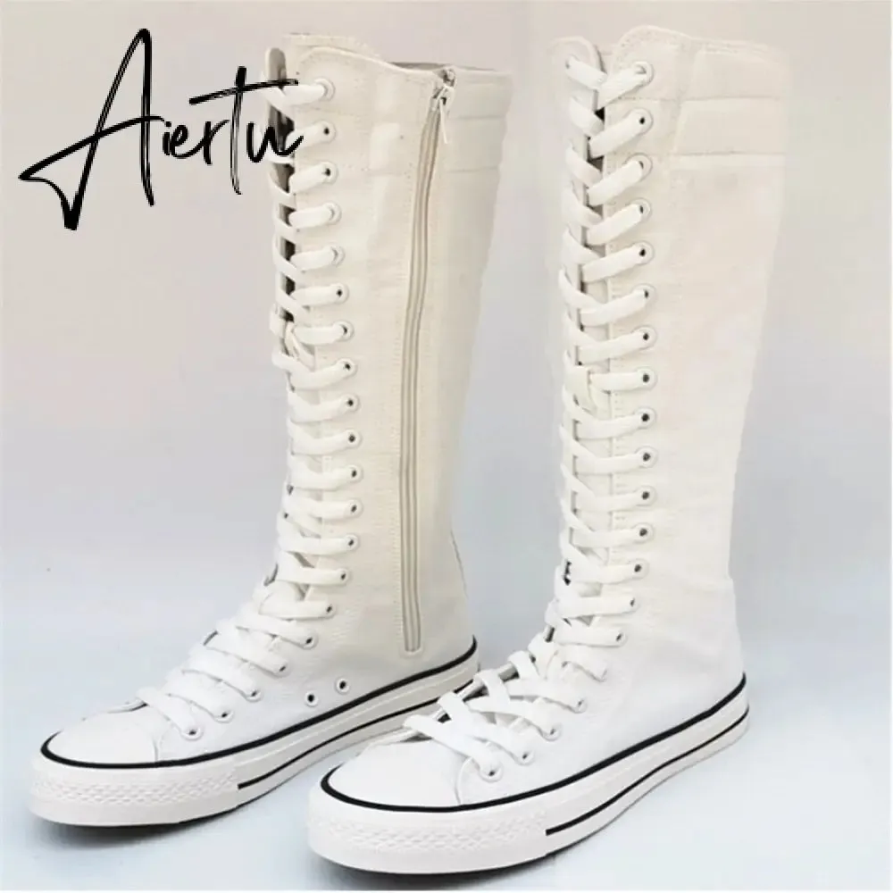 Aiertu  new fashion 3Colors women's canvas boots lace zipper knee high boots boots flat shoes casual high help punk shoes girls