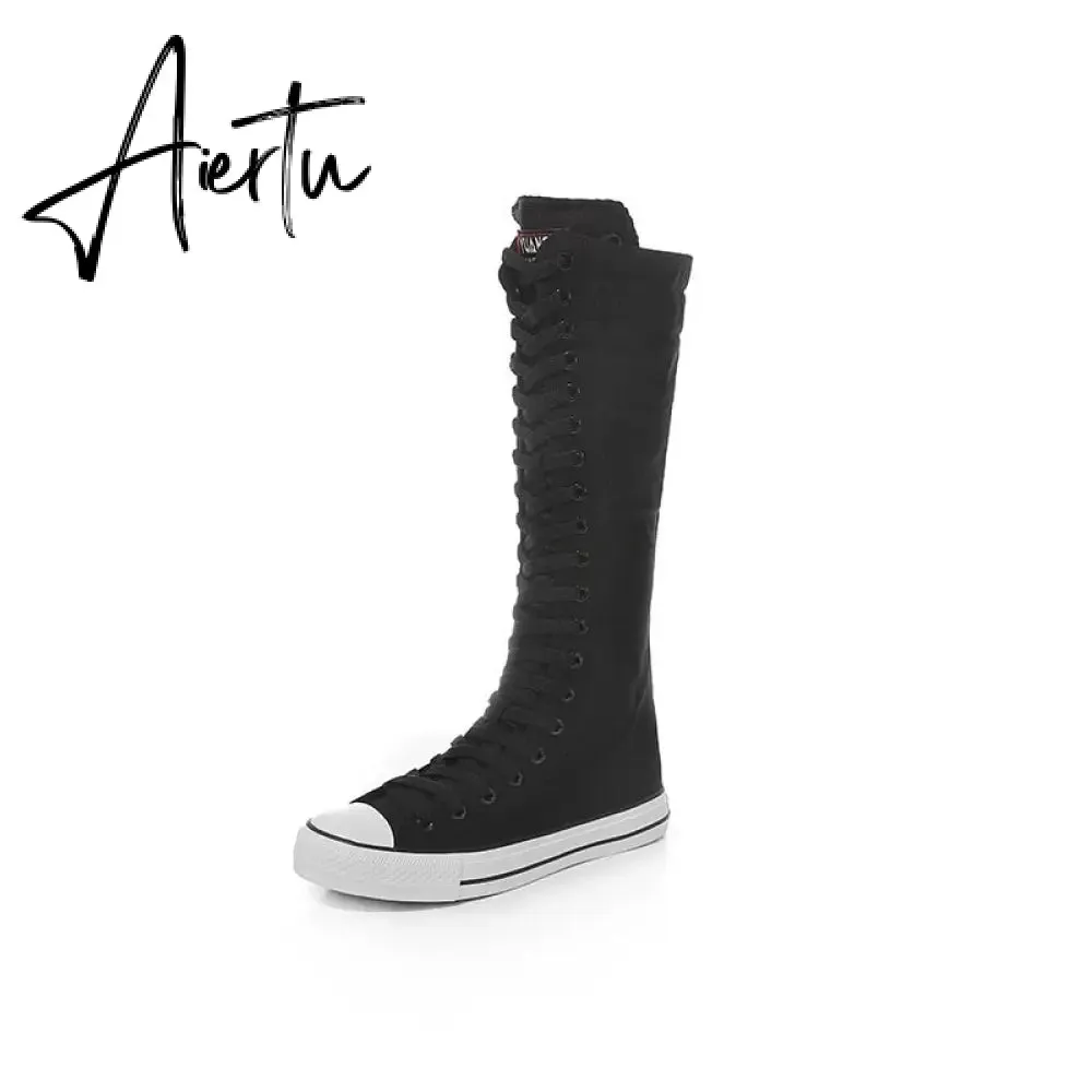 Aiertu  new fashion 3Colors women's canvas boots lace zipper knee high boots boots flat shoes casual high help punk shoes girls