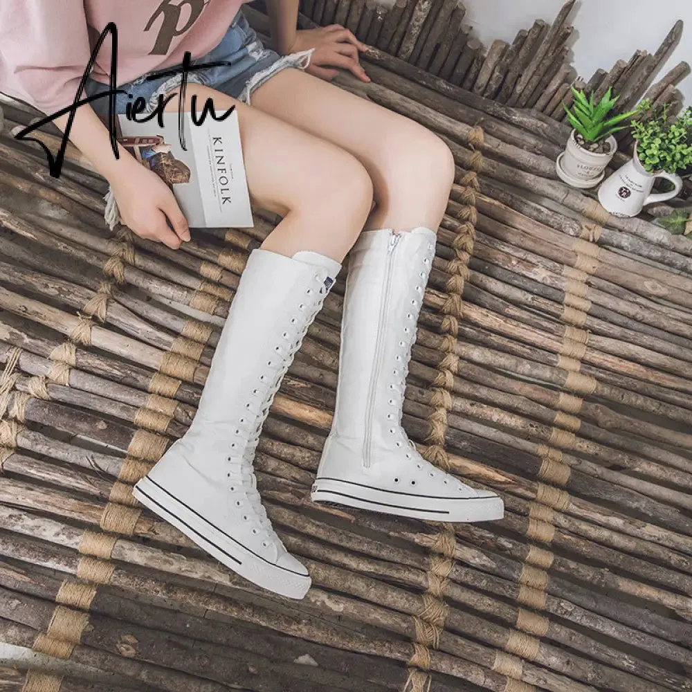 Aiertu  new fashion 3Colors women's canvas boots lace zipper knee high boots boots flat shoes casual high help punk shoes girls