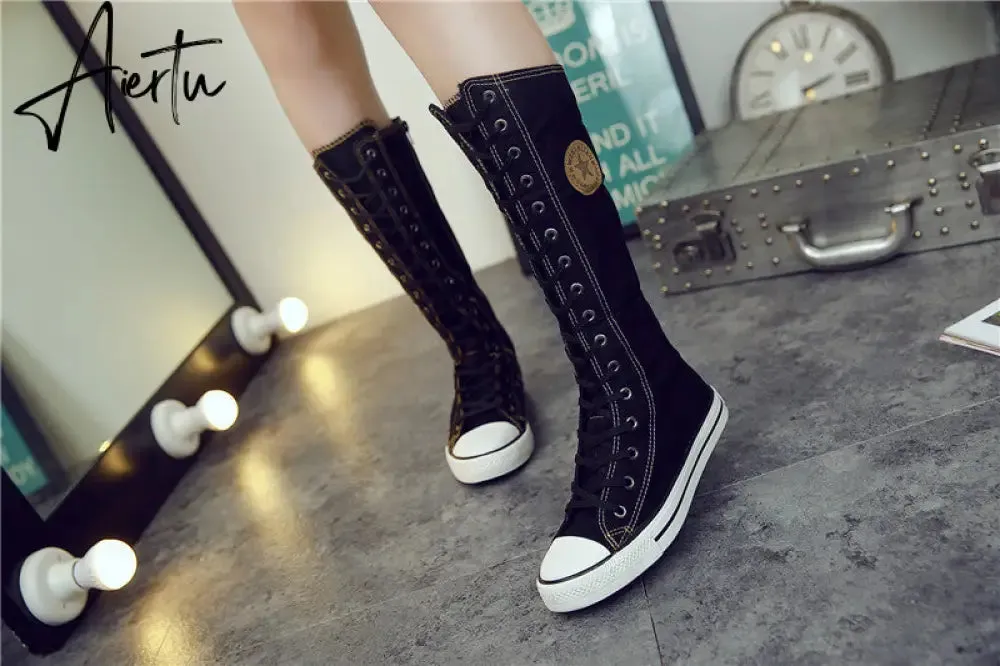 Aiertu  new fashion 3Colors women's canvas boots lace zipper knee high boots boots flat shoes casual high help punk shoes girls