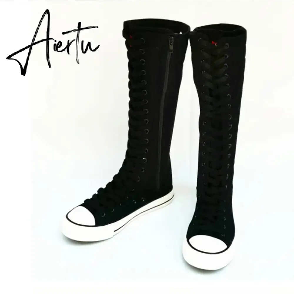 Aiertu  new fashion 3Colors women's canvas boots lace zipper knee high boots boots flat shoes casual high help punk shoes girls