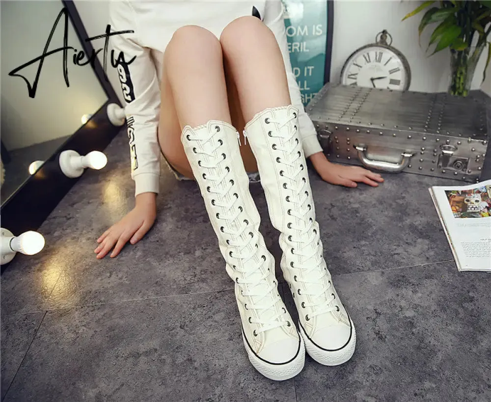 Aiertu  new fashion 3Colors women's canvas boots lace zipper knee high boots boots flat shoes casual high help punk shoes girls