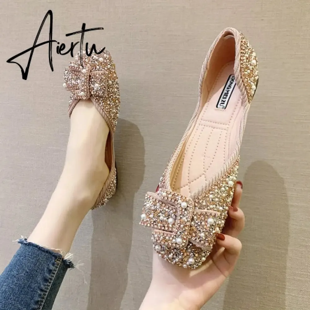 Aiertu Women Ballet Flats Bling Crystal Diamond Dress Flats Ladies Bow Sequins Single Shoes Rhinestone Glitter Square Toe Size 43