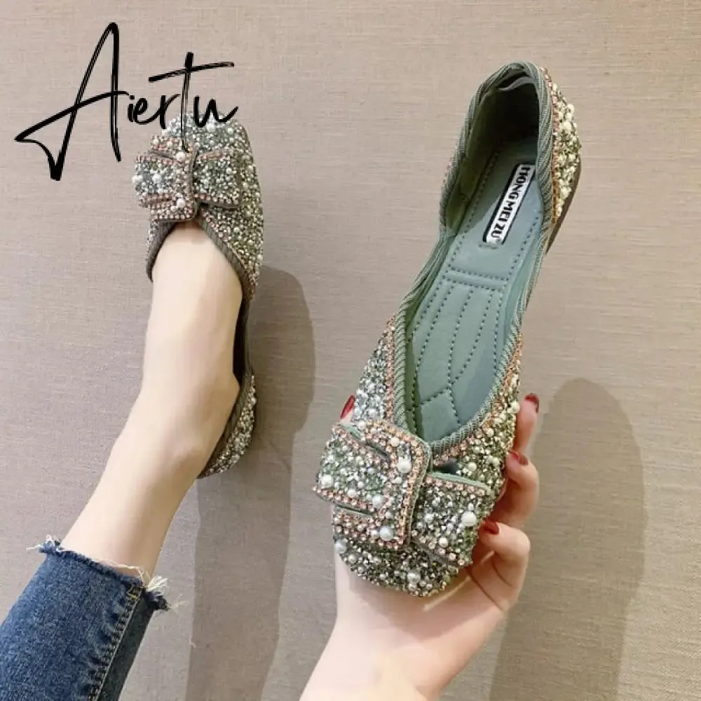 Aiertu Women Ballet Flats Bling Crystal Diamond Dress Flats Ladies Bow Sequins Single Shoes Rhinestone Glitter Square Toe Size 43