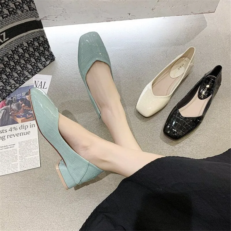 Autumn New Women's Single Shoes Patent Leather Thick With Shallow Mouth Square Head Low Heels Shoes Wild Casual Work Shoes