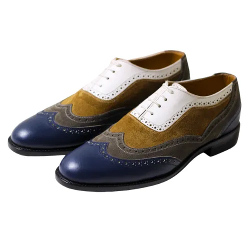 Bespoke Handmade Multi Color Leather and Suede Oxford Wingtip Lace up Dress Men's Shoes