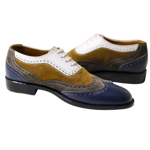 Bespoke Handmade Multi Color Leather and Suede Oxford Wingtip Lace up Dress Men's Shoes