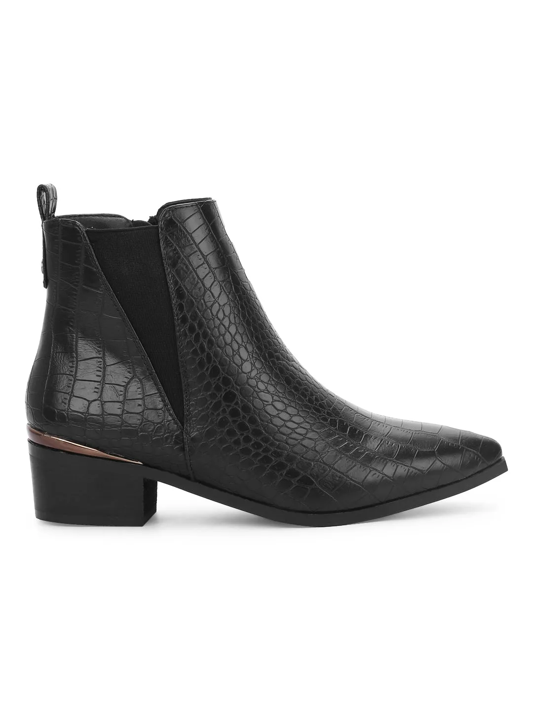 Black Croc PU Low Heel Ankle Length Boots