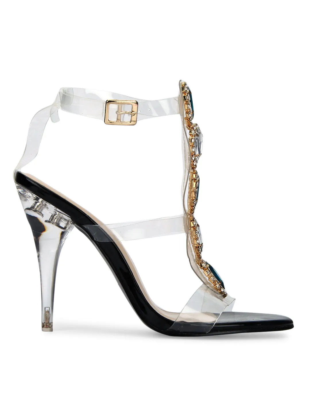 Black Perspex Jeweled Strappy Stilettos