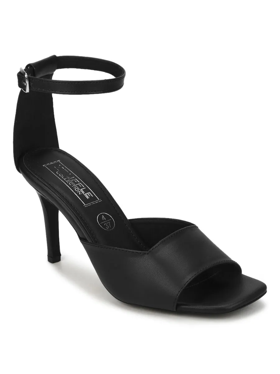 Black PU Square Toe Stilettos With Ankle Strap