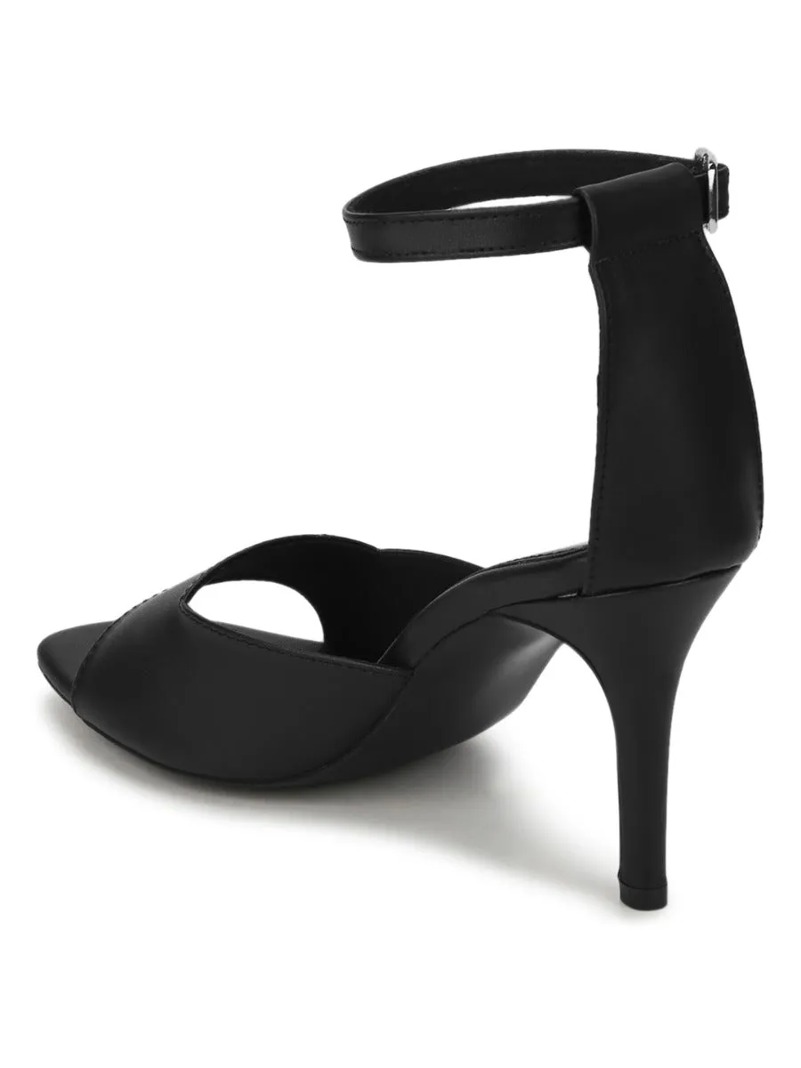 Black PU Square Toe Stilettos With Ankle Strap