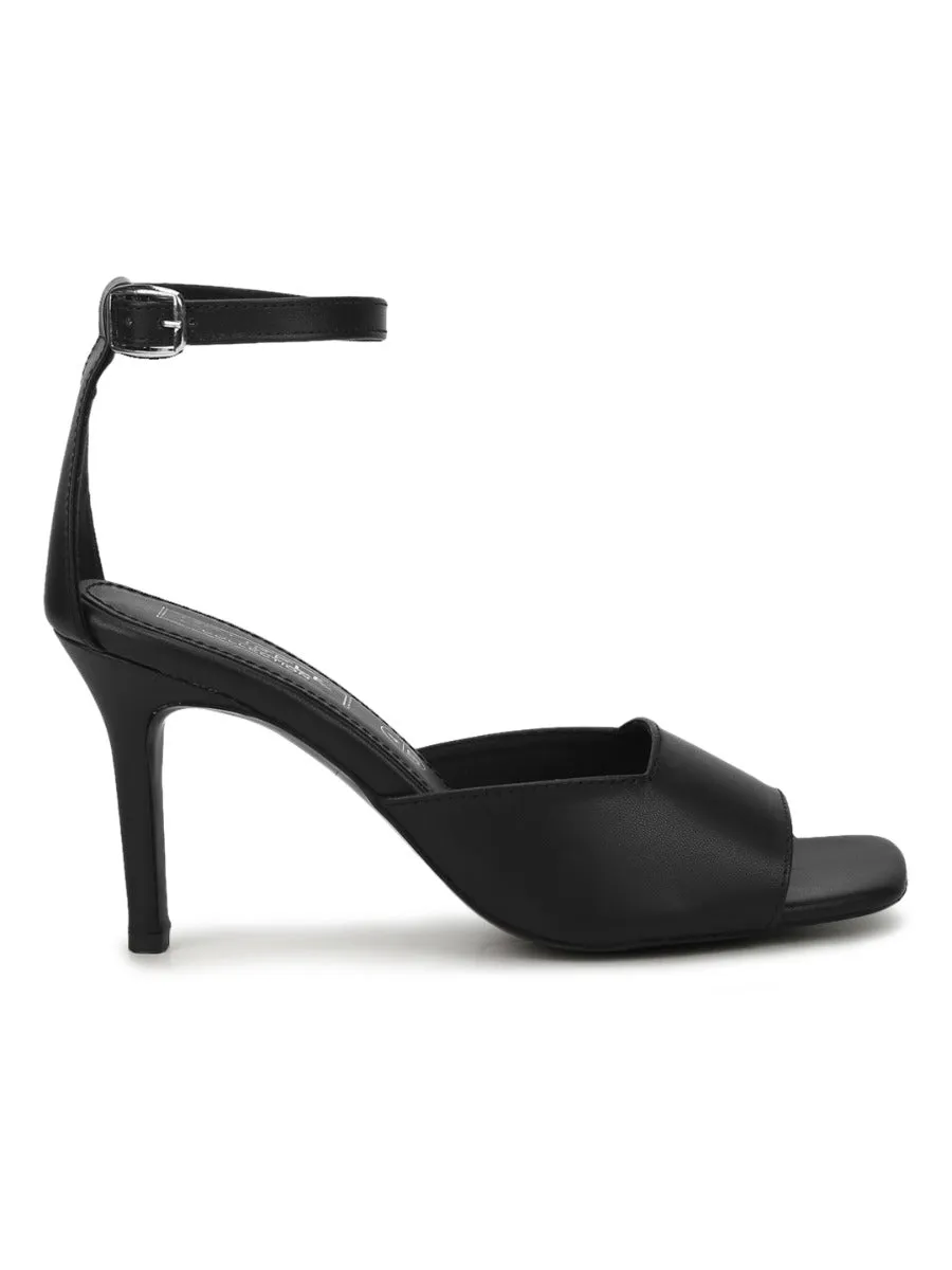 Black PU Square Toe Stilettos With Ankle Strap