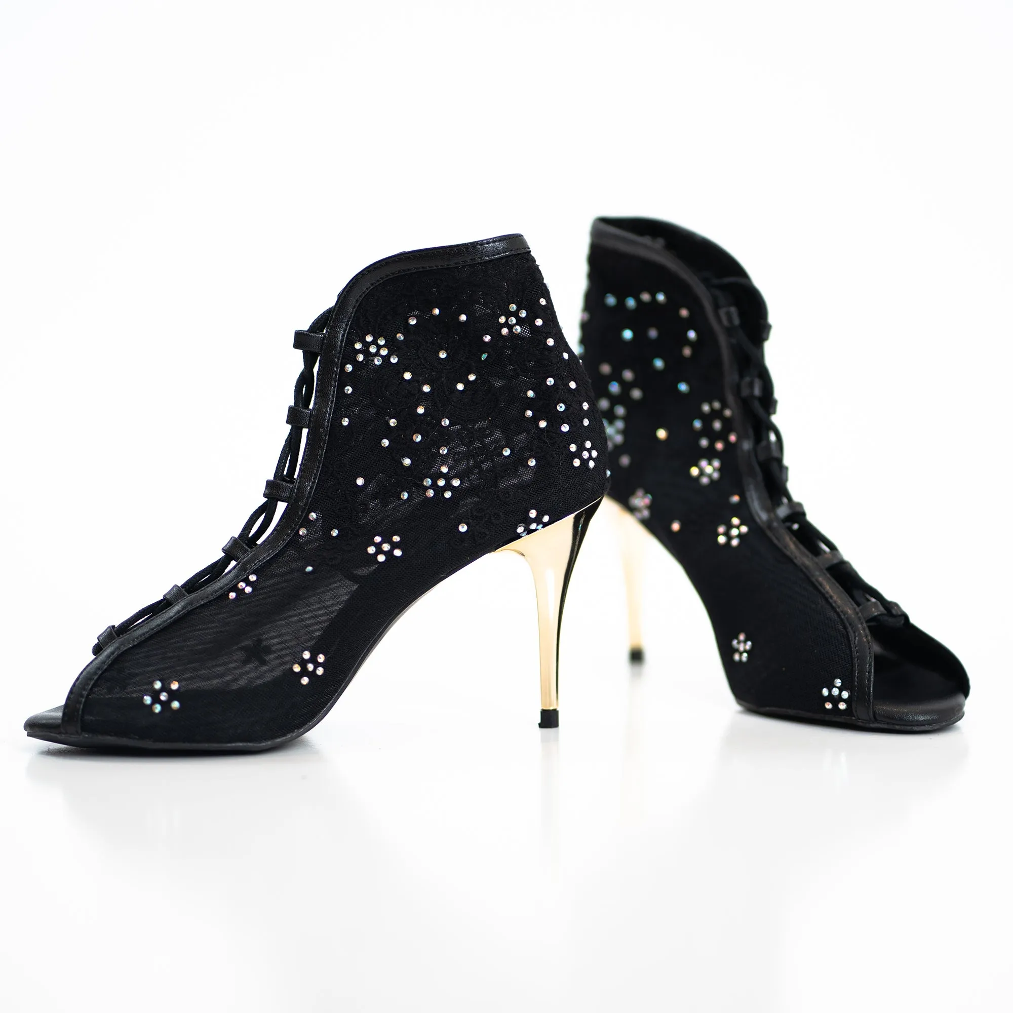 Black Rose Lace Up Dance Shoes Fashion Booties