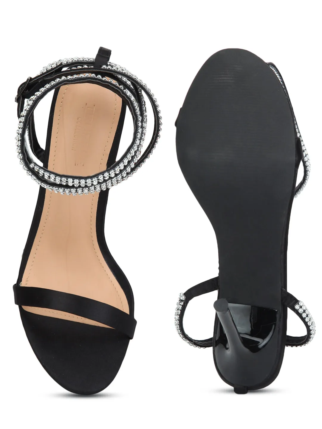 Black Satin Lace-up Barely There Stilettos