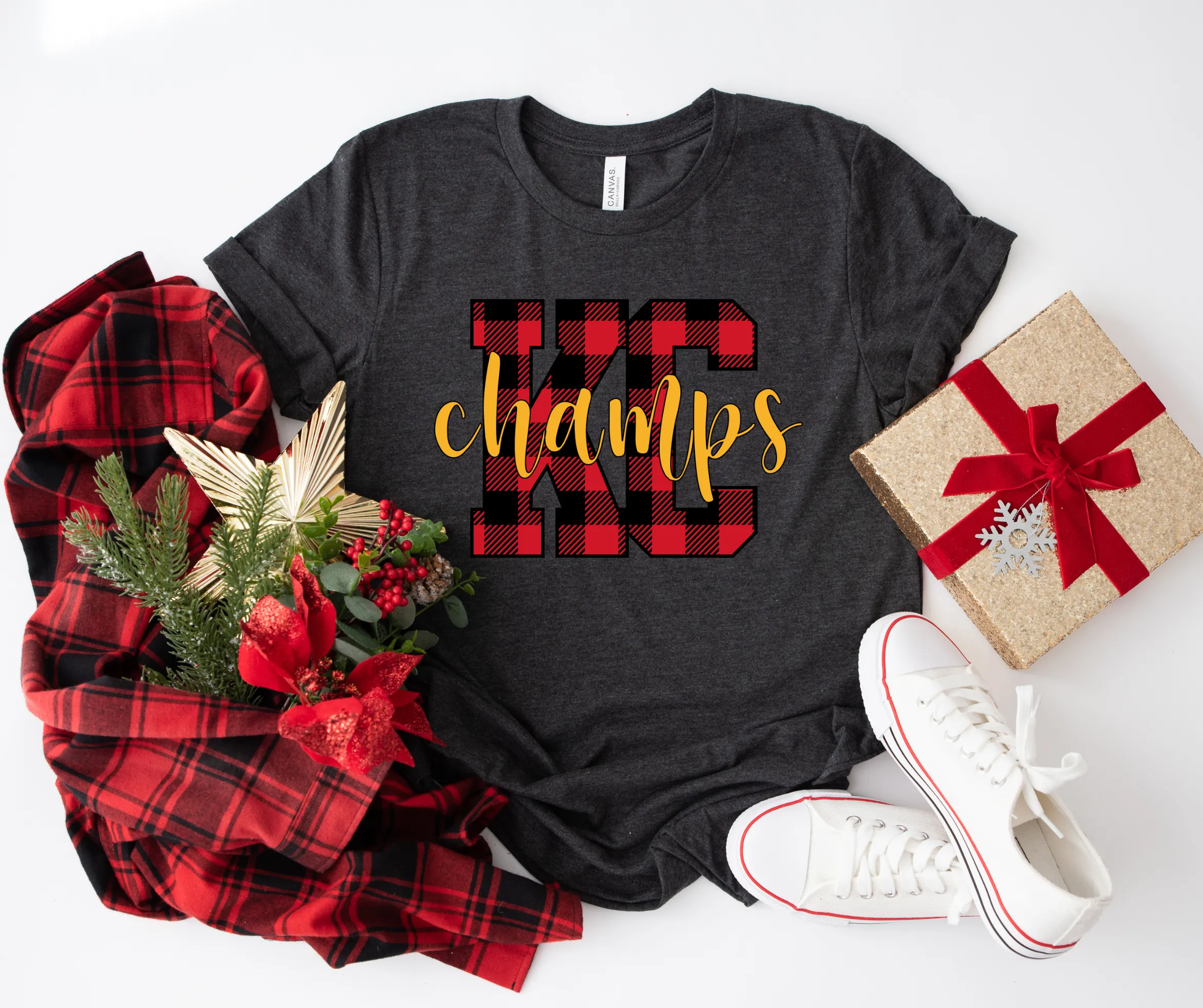 Buffalo Plaid KC Champs Heather Dark Grey Tee