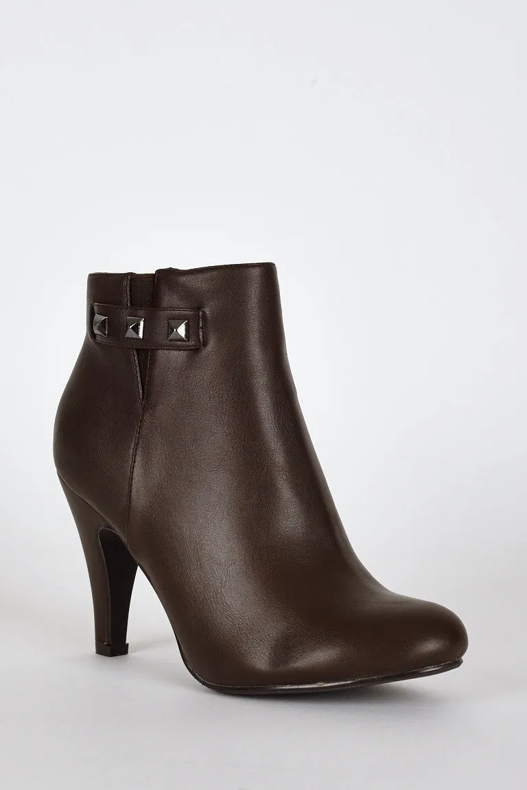 Dark Brown Side Stud Detail High Heel Ankle Boots