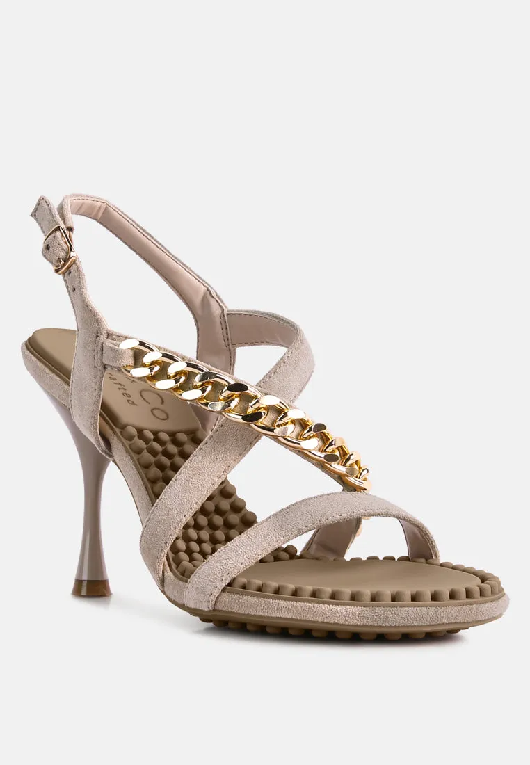 DOMEDA Latte Metal Chain Embellished Sandals