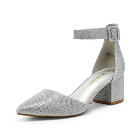 DREAM PAIRS Women's Annee Silver Glitter Low Heel Pump Shoes - 8 M US