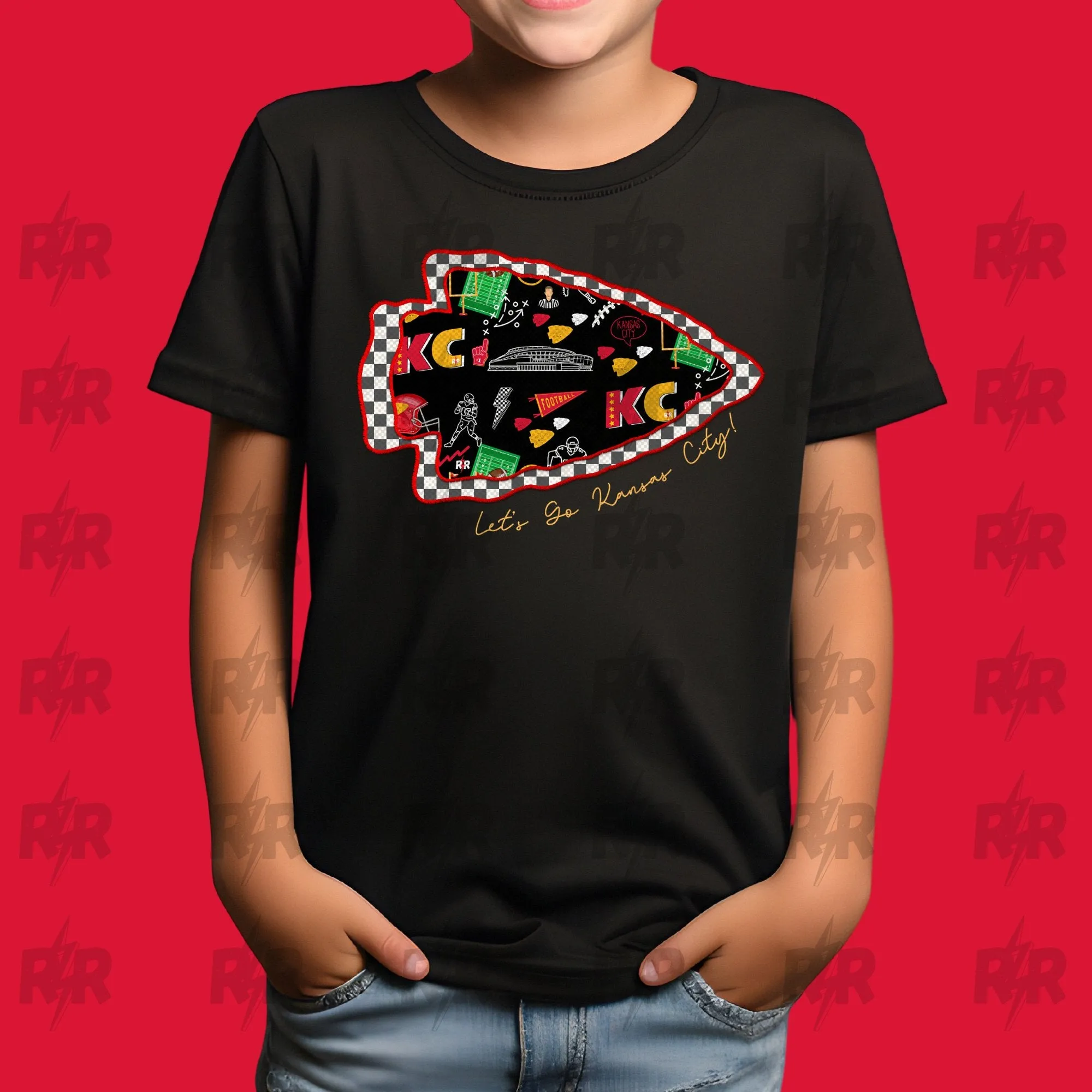 Football KC Icons Scattered Checkered Arrowhead Black Tee