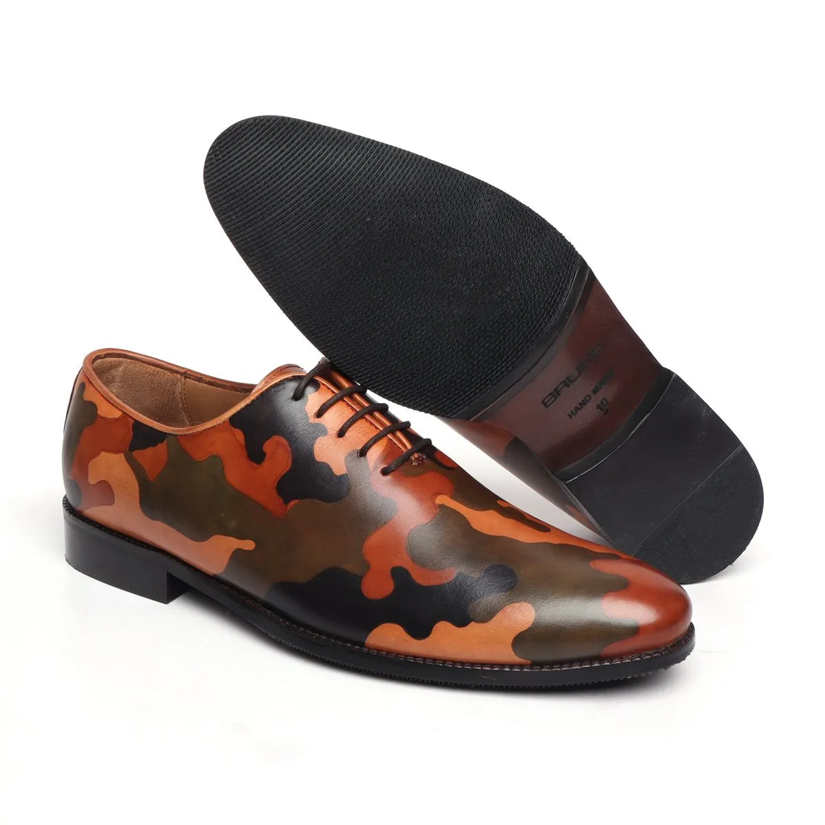 Hand painted ARMY colors on leather one piece(whole cut) brogue shoe By Brune & Bareskin