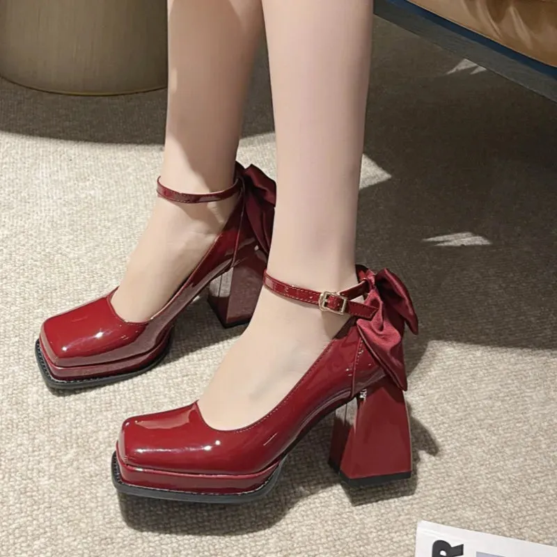 Hnzxzm Shoes Hot Sale 2024 New Style One-piece Buckle Womens Shallow Mouth Mary Jane Shoes Square Toe Solid Color Bow High Heels