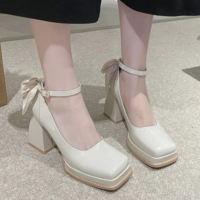 Hnzxzm Shoes Hot Sale 2024 New Style One-piece Buckle Womens Shallow Mouth Mary Jane Shoes Square Toe Solid Color Bow High Heels