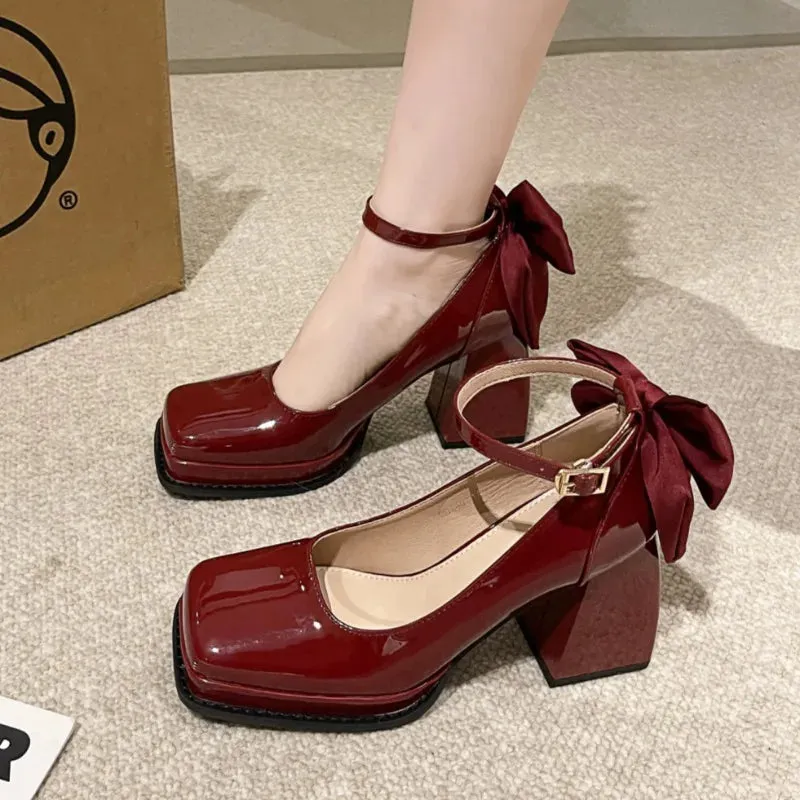 Hnzxzm Shoes Hot Sale 2024 New Style One-piece Buckle Womens Shallow Mouth Mary Jane Shoes Square Toe Solid Color Bow High Heels