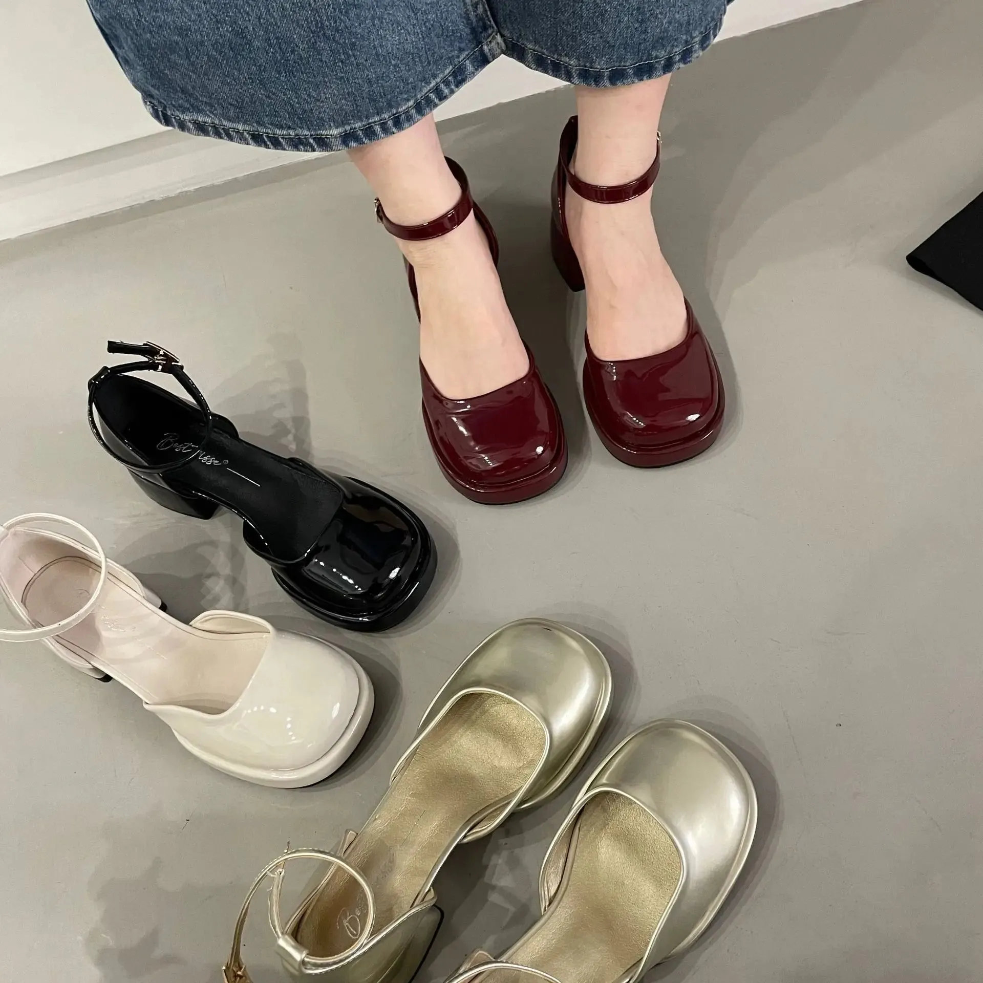 Hnzxzm Small Group Baotou Lacquered Leather Flat Heel Shallow Mouth Round Head Small Fresh Mary Jane Versatile Women's Shoes