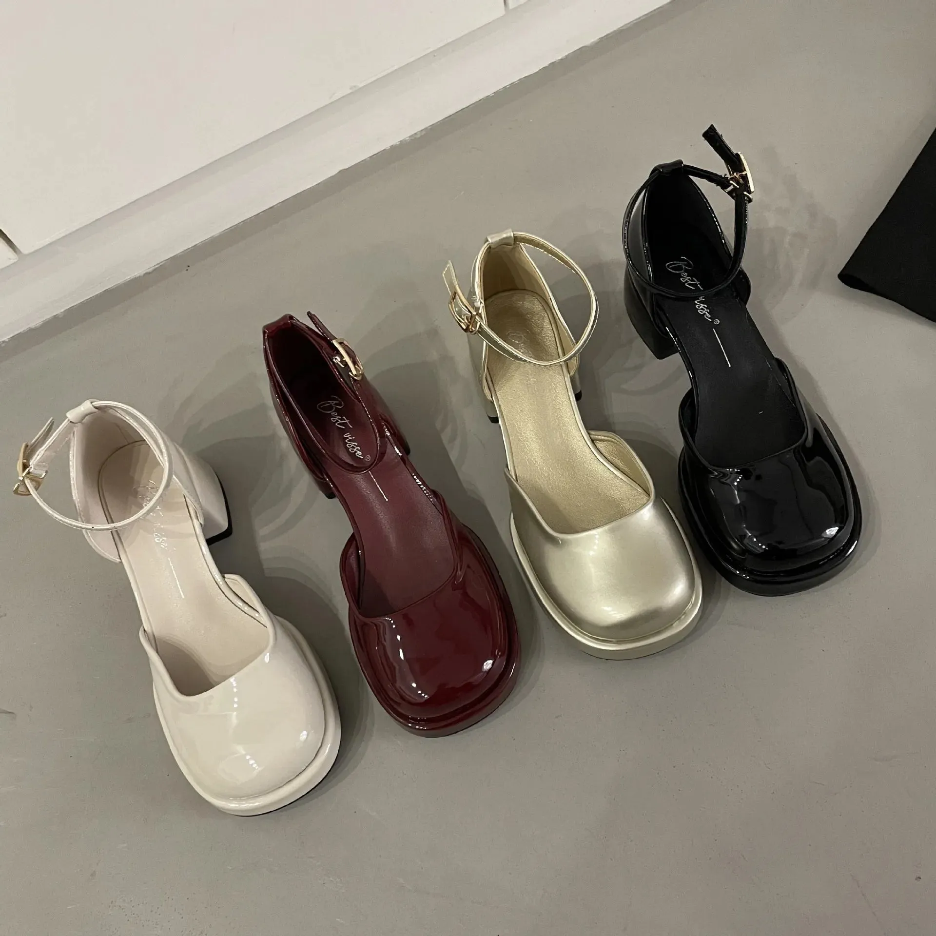 Hnzxzm Small Group Baotou Lacquered Leather Flat Heel Shallow Mouth Round Head Small Fresh Mary Jane Versatile Women's Shoes