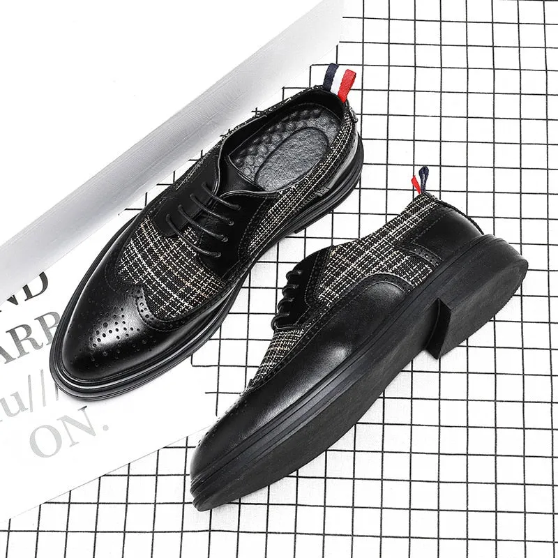 Jinquedai New British Plaid Cloth Gentleman Rock Leather Dress Shoes Men's Korean Brogues Shoes Fashion Breathable Party Office Shoes