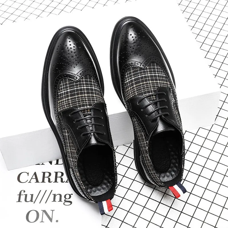 Jinquedai New British Plaid Cloth Gentleman Rock Leather Dress Shoes Men's Korean Brogues Shoes Fashion Breathable Party Office Shoes