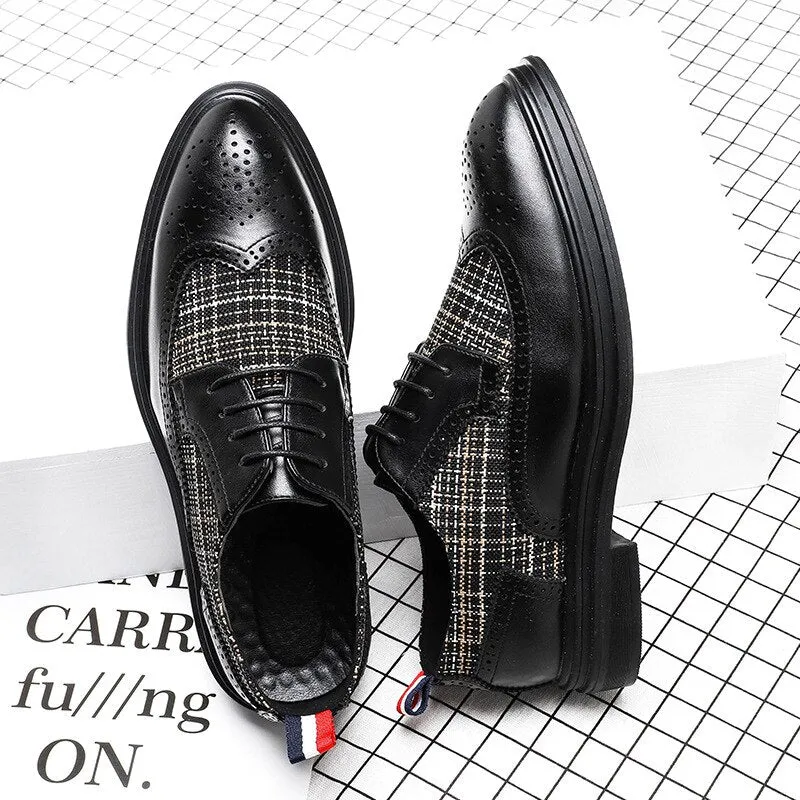 Jinquedai New British Plaid Cloth Gentleman Rock Leather Dress Shoes Men's Korean Brogues Shoes Fashion Breathable Party Office Shoes