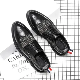 Jinquedai New British Plaid Cloth Gentleman Rock Leather Dress Shoes Men's Korean Brogues Shoes Fashion Breathable Party Office Shoes