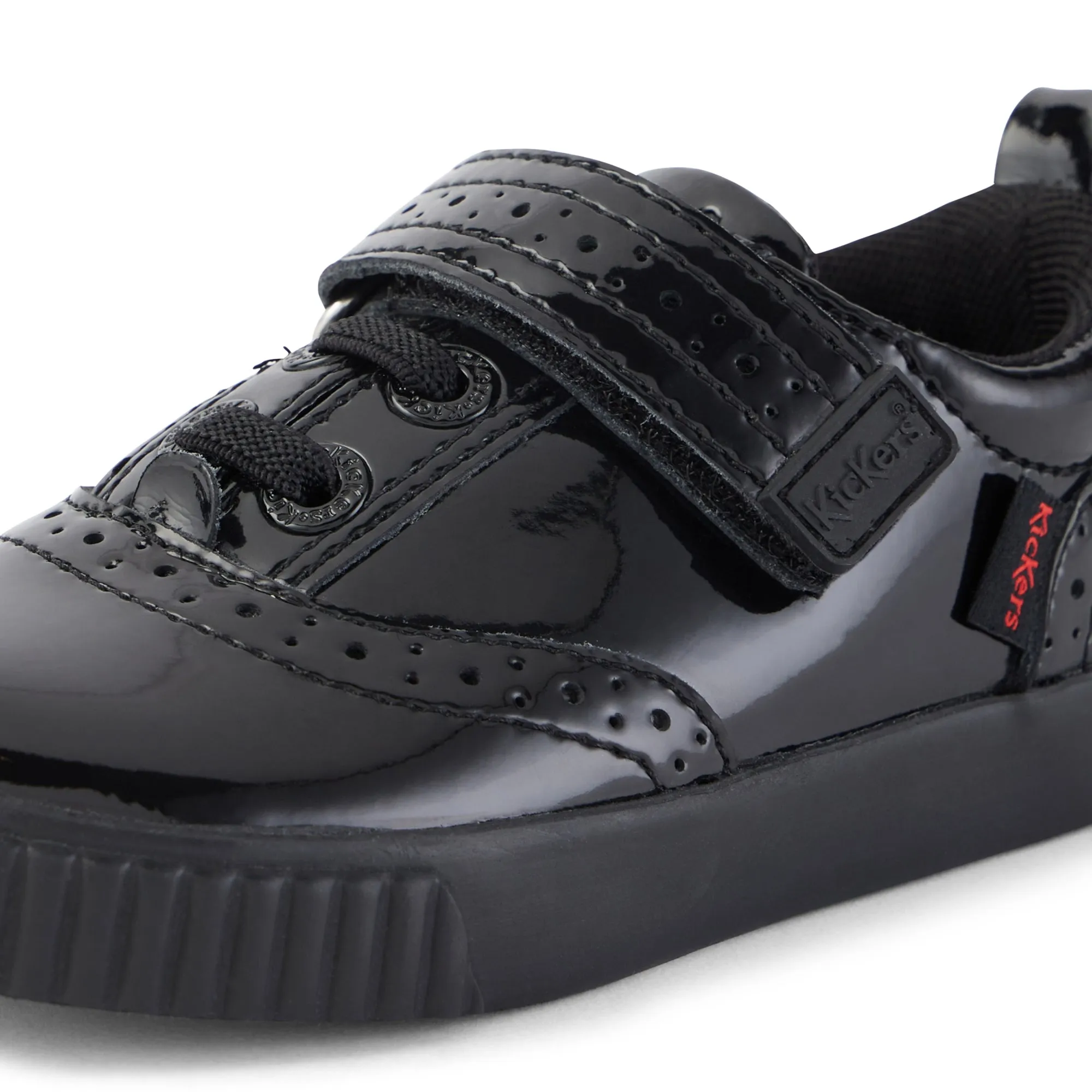 Kickers: Tovni Brogue Velcro Girls School Shoes - Black Patent