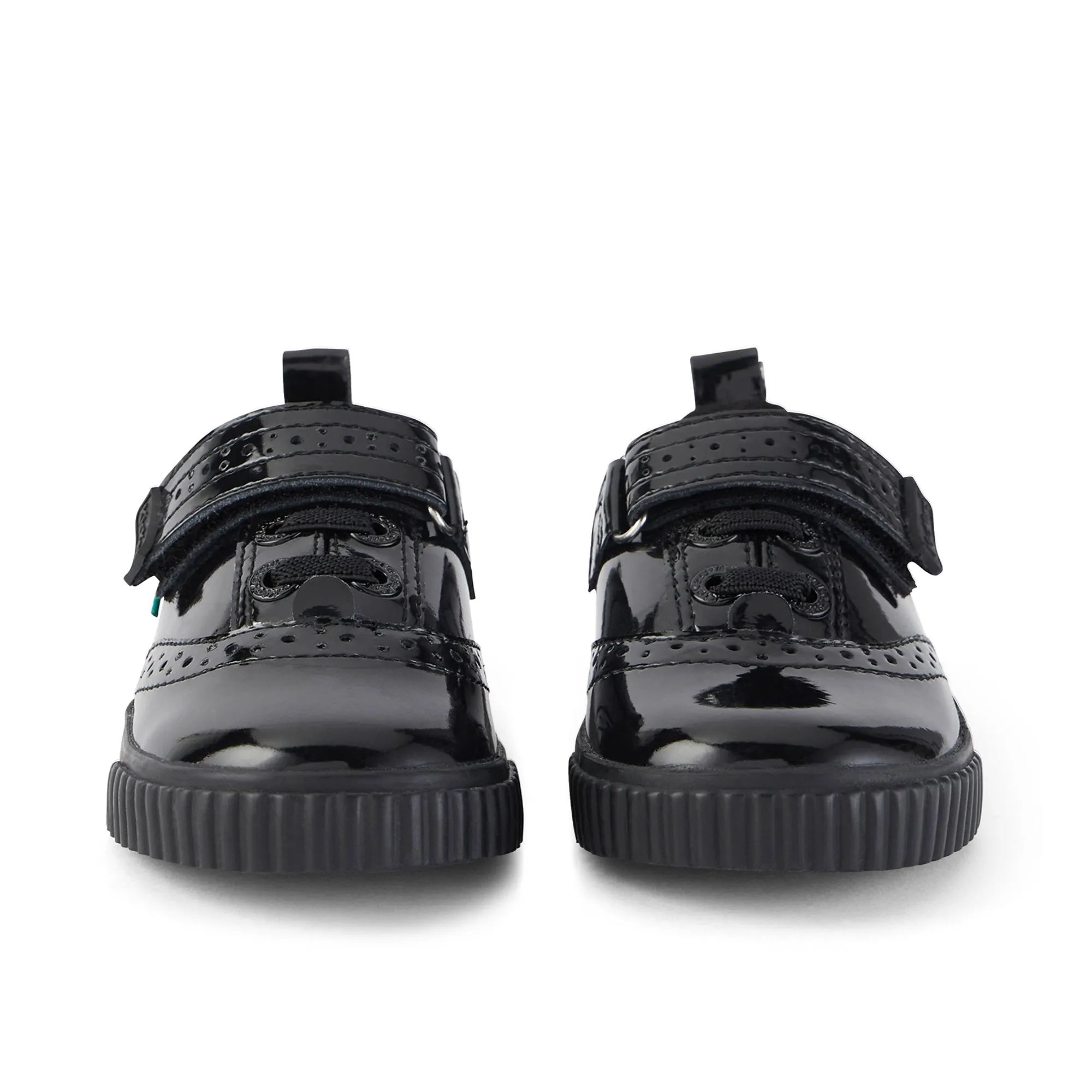 Kickers: Tovni Brogue Velcro Girls School Shoes - Black Patent