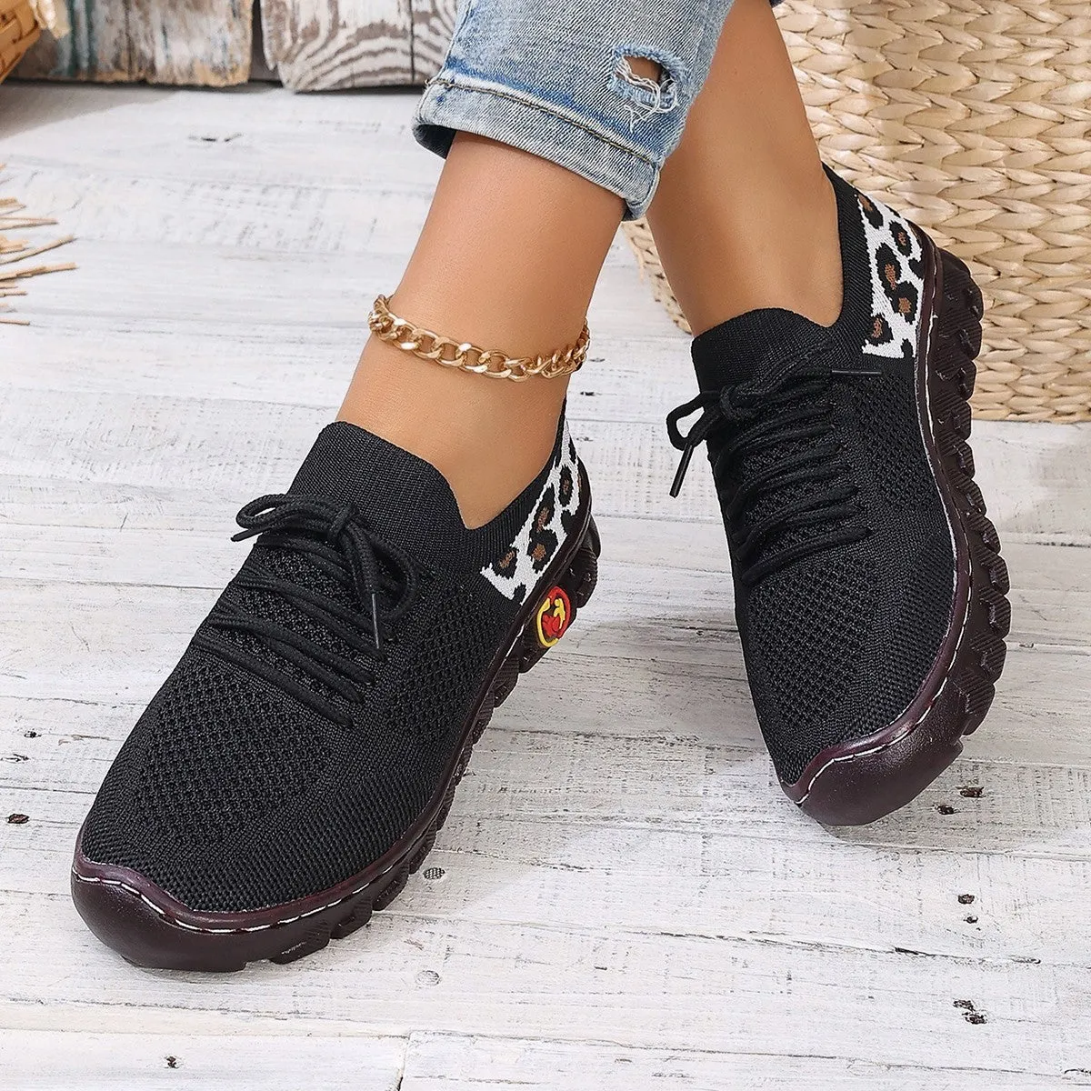 Leopard Print Round Head Lace-up Flat Bottom Comfort Breathable Mesh Surface Shoes