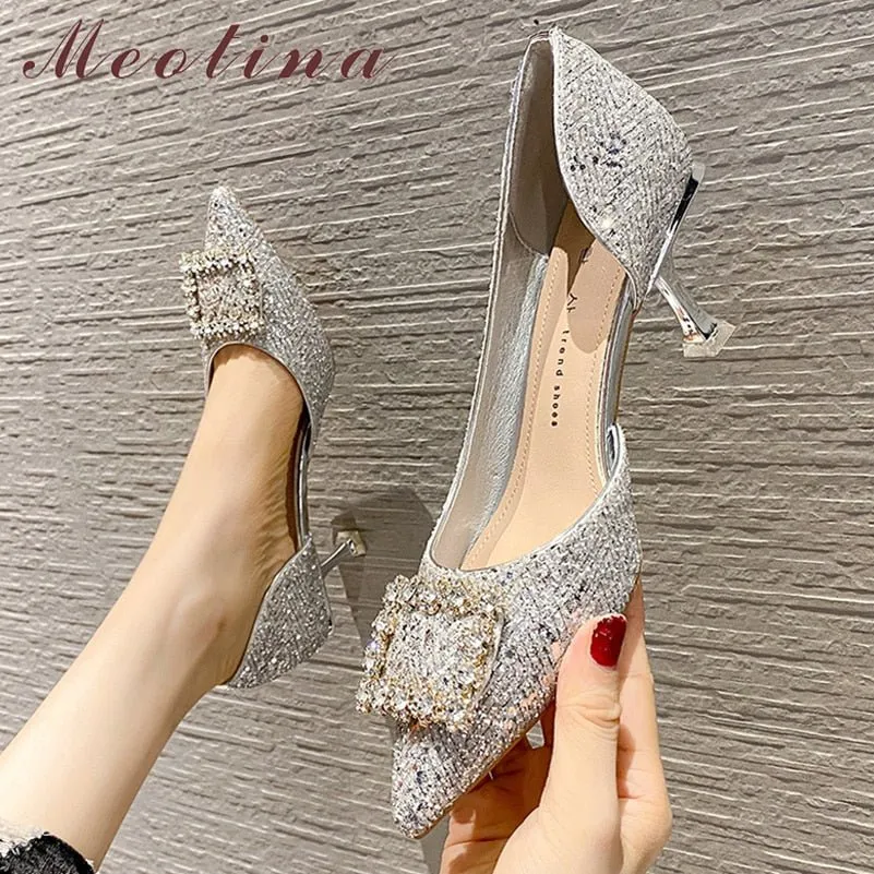 MEOTINA Peppy Crystal Bling Pointed Toe Thin High Heel Shoes