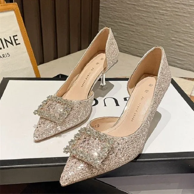 MEOTINA Peppy Crystal Bling Pointed Toe Thin High Heel Shoes