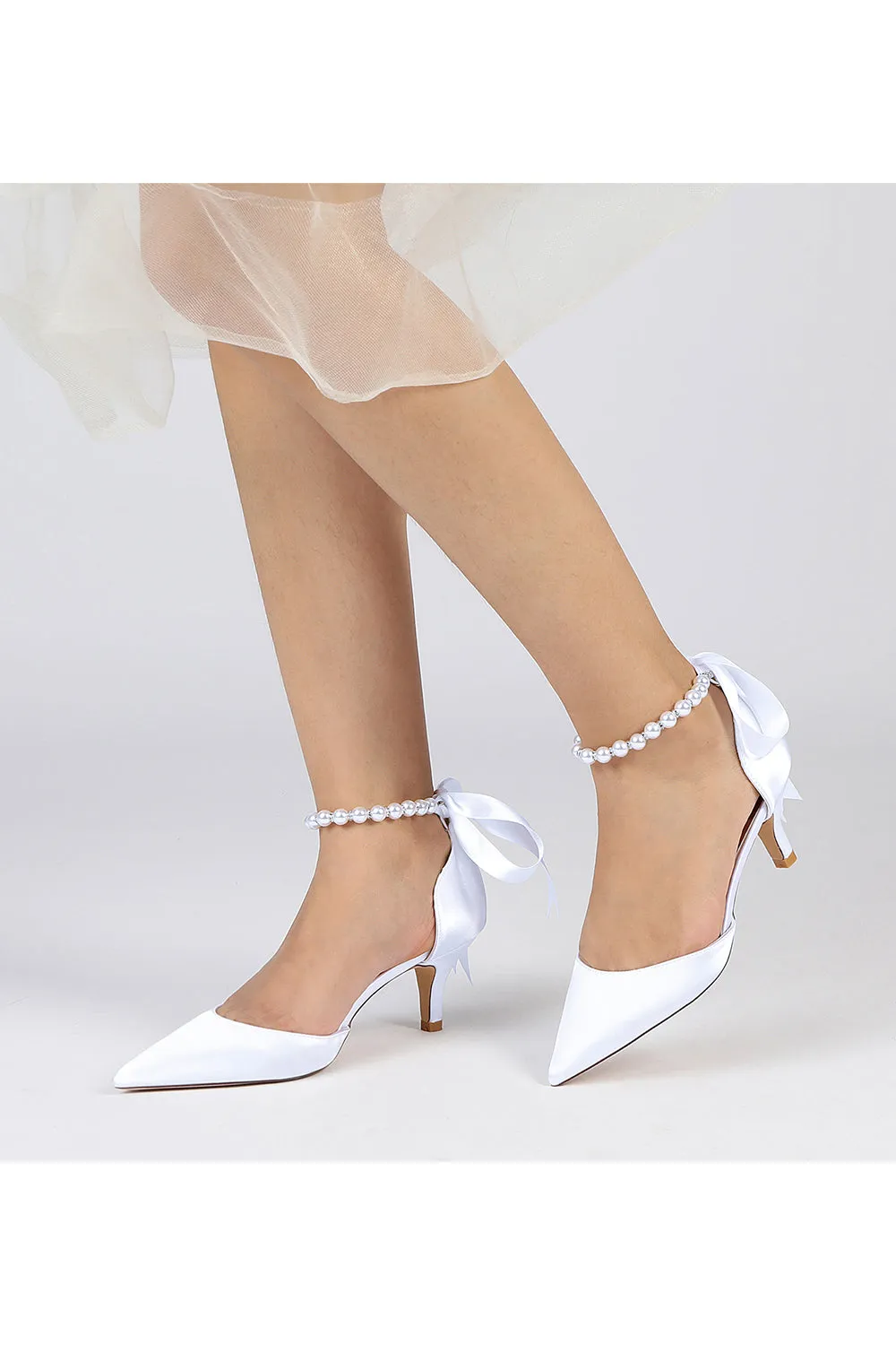 Pointed Toe Ribbons Faux Pearl Pumps