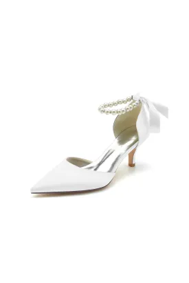 Pointed Toe Ribbons Faux Pearl Pumps