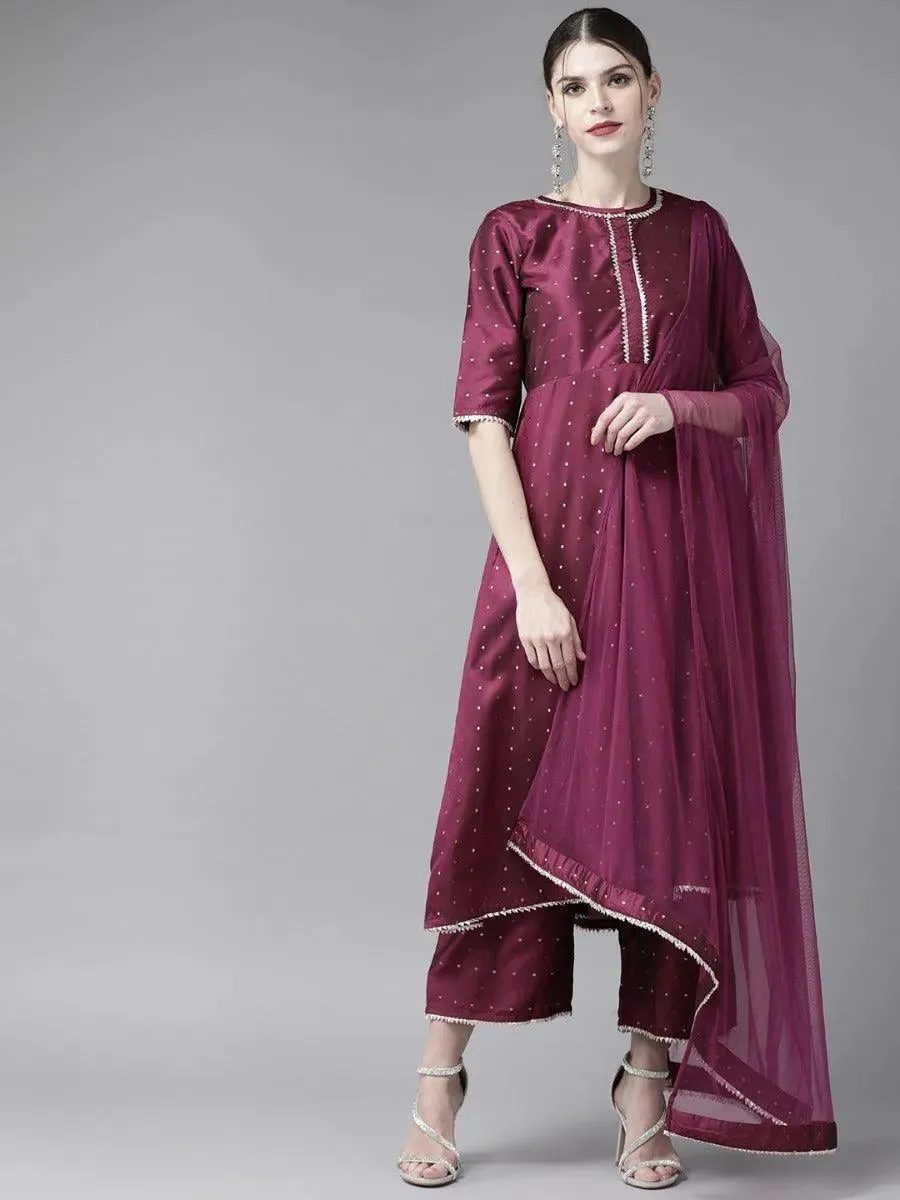 Purple Zari Work Silk Anarkali Kurta With Palazzos & Dupatta