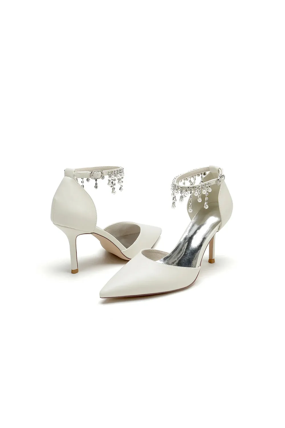 Satin Ankle Strap Pearl Beaded Satin Wedding Shoes