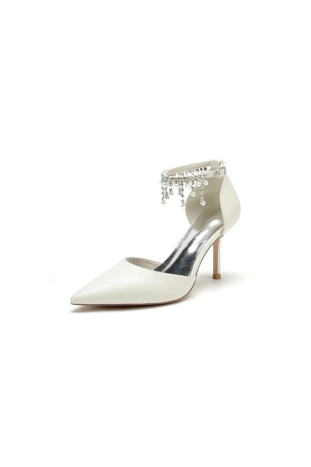 Satin Ankle Strap Pearl Beaded Satin Wedding Shoes